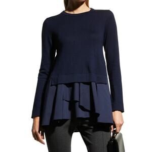 Meimeij Mixed Media Tunic Sweater M Navy Blue Wool‎ Blend Layered Hem Top Luxury